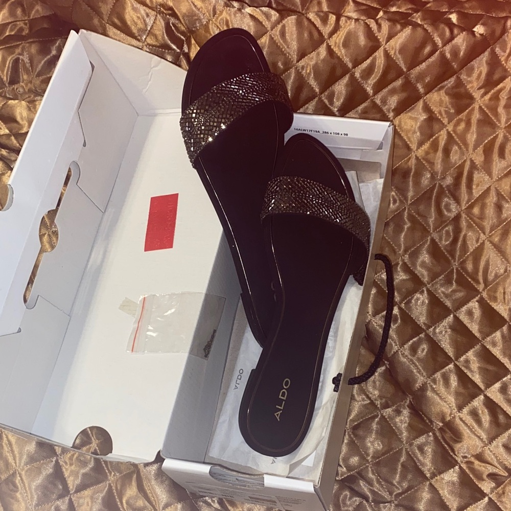 Aldo Black Thong Slide Sandals with Metallic Embellished Strap